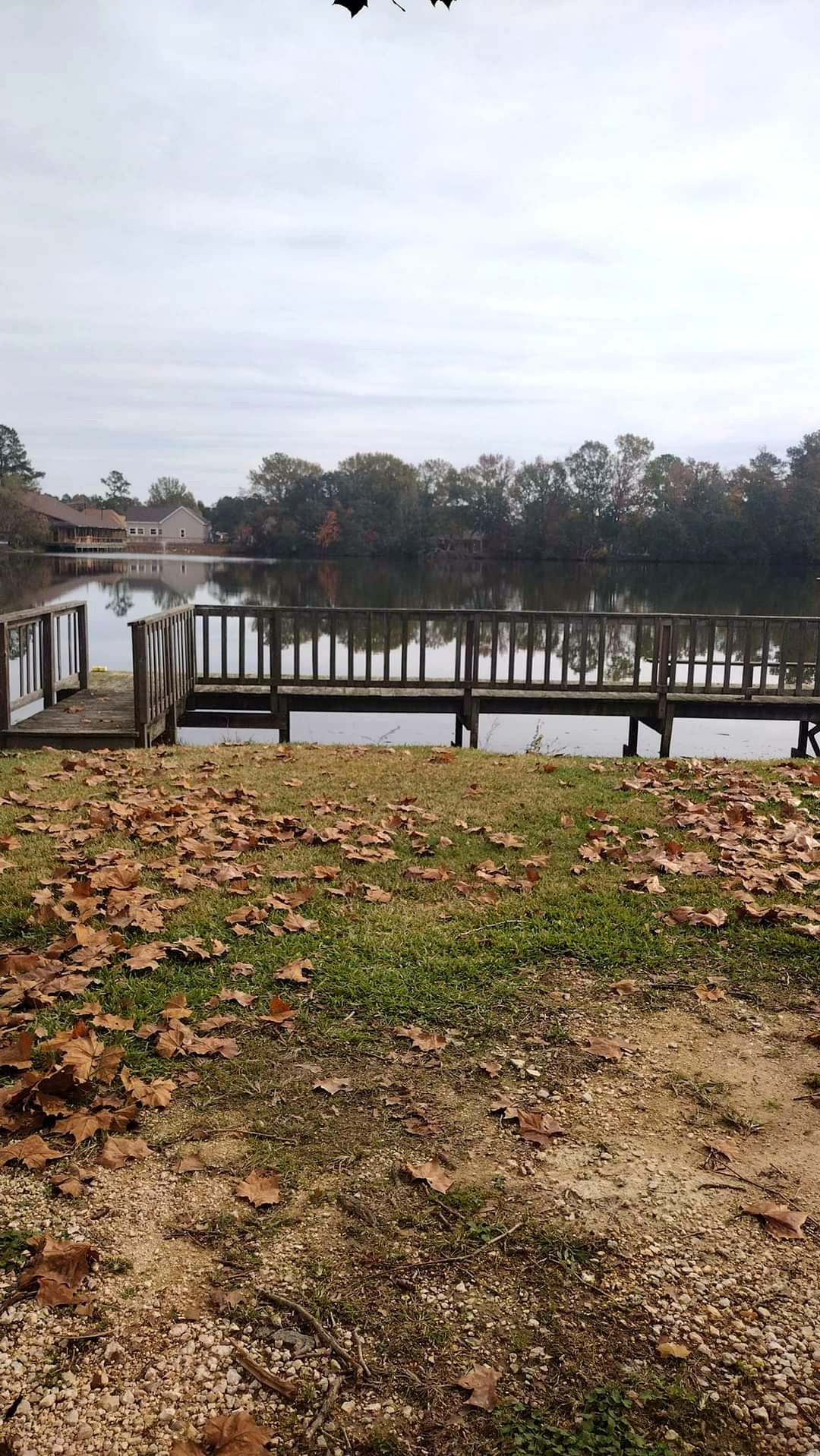 Picnic tables and a dock beside the lake